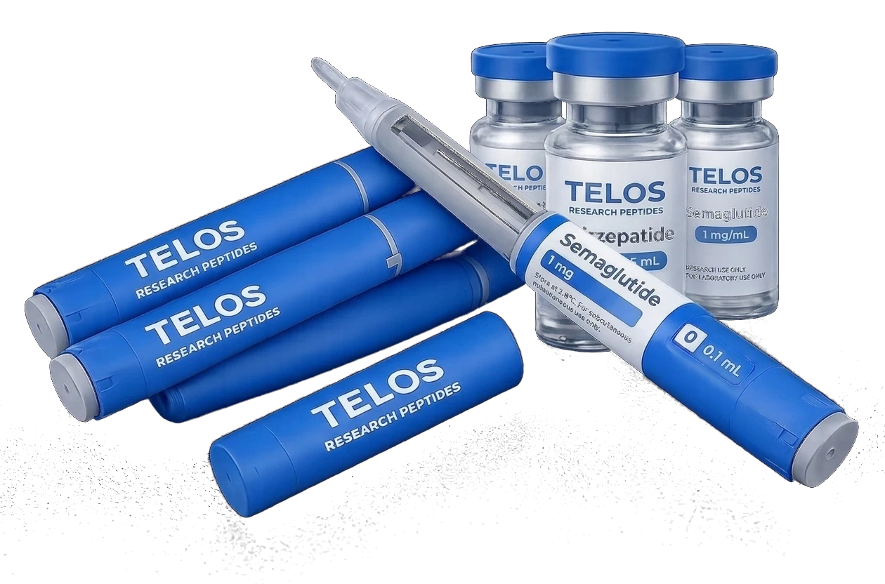 Research-use-only TELOS peptide pens and vials for GLP-1 and GLP-3 weight-loss research