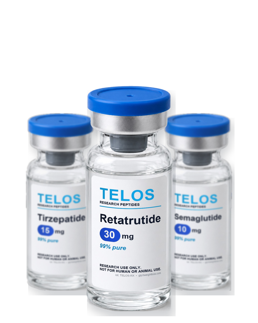 Research-use-only TELOS peptide vials for GLP-1 and GLP-3 weight-loss research
